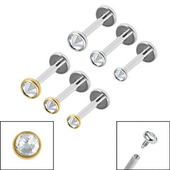 view all Titanium Triple Piercing with Titanium Tops - Internally Threaded Jewelled Disk Labrets 1.2mm body jewellery