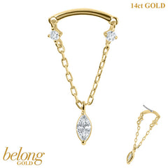 belong Solid 14ct Gold Threadless (Bend fit) Marquise Jewelled Loop Chain Bar