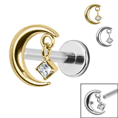 view all Titanium Internally Threaded Labrets 1.2mm - Titanium Crescent Moon and Dangle Jewel body jewellery