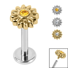 view all Titanium Internally Threaded Labrets 1.2mm - Steel Bezel Set Jewelled Sunflower body jewellery