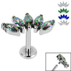 view all Titanium Internally Threaded Labrets 1.2mm - Titanium Claw Set 5 CZ Jewel Marquise Fan body jewellery