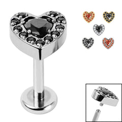view all Titanium Internally Threaded Labrets 1.2mm - Titanium Jewelled Heart with Pave Set Edge body jewellery