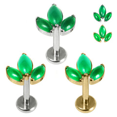 view all Titanium Internally Threaded Labrets 1.2mm - Titanium Claw Set Green Aventurine Marquise Stone Leaves Trio Top body jewellery