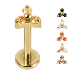 view all Gold Titanium Internally Threaded Labrets 1.2mm - Gold Titanium Claw Set CZ Jewelled Mini Trinity body jewellery