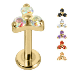 view all Gold Titanium Internally Threaded Labrets 1.2mm - Gold Titanium Claw Set CZ Jewelled Trinity body jewellery