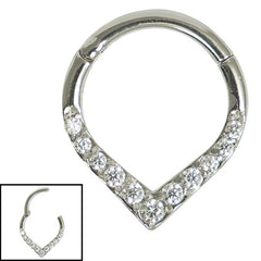view all Steel Pave Set Jewelled V-Shape Hinged Segment Ring (Clicker) body jewellery