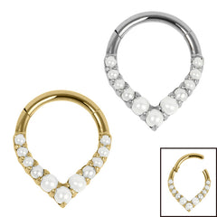 view all Titanium Claw Set V-Shape Pearl Hinged Clicker Ring body jewellery