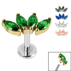 view all Titanium Internally Threaded Labrets 1.2mm - Gold Titanium Claw Set 4 CZ Jewel Marquise Fan body jewellery