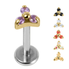 view all Titanium Internally Threaded Labrets 1.2mm - Gold Titanium Claw Set CZ Jewelled Mini Trinity body jewellery
