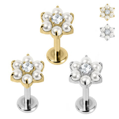 view all Titanium Internally Threaded Labrets 1.2mm - Titanium Claw Set Pearl Primrose Flower body jewellery