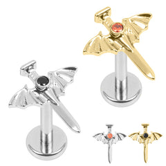 view all Titanium Internally Threaded Labrets 1.2mm - Titanium Jewelled Bat Wing Dagger body jewellery
