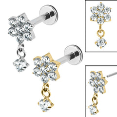 view all Titanium Internally Threaded Labrets 1.2mm - Titanium Jewelled Primrose Flower with Solitaire Drop body jewellery