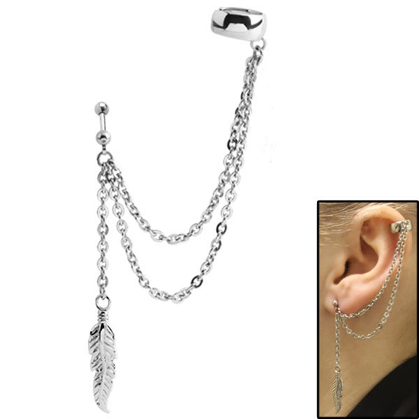 Surgical Steel Double Chain Drop Ear Cuff Feather bodyjewellery.co.uk