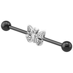 view all Black Steel Industrial Scaffold Barbell with Butterfly body jewellery