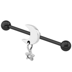 view all Black Steel Industrial Scaffold Barbell with Moon and Star body jewellery