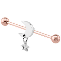 view all Rose Gold Steel Industrial Scaffold Barbell with Moon and Star body jewellery