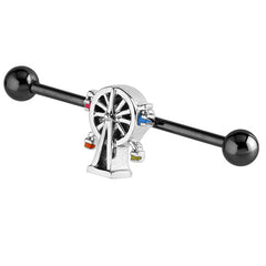 view all Black Steel Industrial Scaffold Barbell with Fairground Big Wheel body jewellery