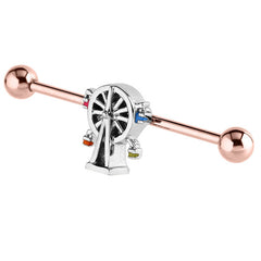 view all Rose Gold Steel Industrial Scaffold Barbell with Fairground Big Wheel body jewellery