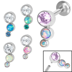 view all Titanium Internally Threaded Labrets 1.2mm - Infinity Titanium Bezel Set Triple Opal and Jewel Curve body jewellery