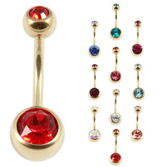 view all Zircon Titanium Double Jewelled Belly Bars (Gold colour) body jewellery
