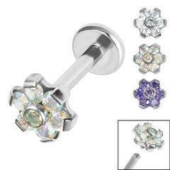 view all Titanium Internally Threaded Labrets 1.2mm - Titanium Claw Set CZ 7 Jewelled Flower body jewellery