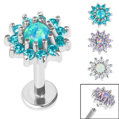 view all Titanium Internally Threaded Labrets 1.2mm - Steel Claw Set Synthetic Opal and CZ Jewel Sunflower body jewellery