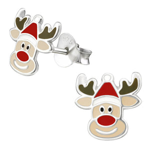 Sterling Silver Rudolph the Red Nose Reindeer Ear Stud Earrings