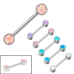 view all Titanium Internal Double Opal Nipple Bar - Front Facing Synth Opal Disks body jewellery