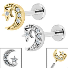 view all Titanium Internally Threaded Labrets 1.2mm - Steel Jewelled Half Moon and Star body jewellery
