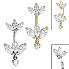 view all Belly Bar - Steel Internal Thread Claw Set 3 Jewelled Double Marquise Fan body jewellery
