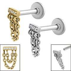 view all Titanium Internally Threaded Labrets 1.2mm - Steel 5 Jewelled Double Loop Chain Drop body jewellery