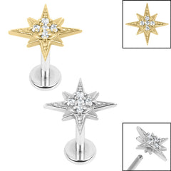 view all Titanium Internally Threaded Labrets 1.2mm - Steel Large Jewelled 8 Point Star body jewellery