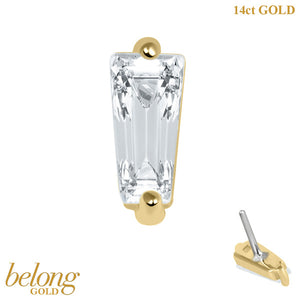 belong Solid Gold Threadless (Bend fit) CZ Single Jewelled Deco Tapered Baguette