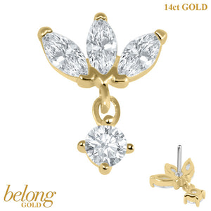 belong Solid Gold Threadless (Bend fit) Claw Set CZ Carina Marquise Drop Fan