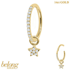 belong 14ct Solid Gold 1.2mm Pave Set Jewelled Edge Hinged Clicker Ring with 5 Point CZ Jewelled Star Charm