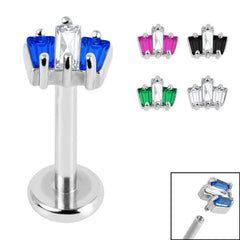 view all Titanium Internally Threaded Labrets 1.2mm - Steel Claw Set CZ 3 Jewelled Baguette Fan body jewellery