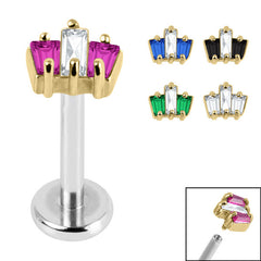 view all Titanium Internally Threaded Labrets 1.2mm - Gold Steel Claw Set CZ 3 Jewelled Baguette Fan body jewellery