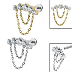 view all Titanium Internally Threaded Labrets 1.2mm - Titanium Double Chain Floating 5 Jewelled Curve body jewellery