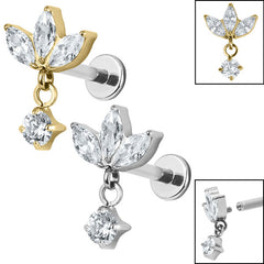 view all Titanium Internally Threaded Labrets 1.2mm - Titanium Marquise Triple Jewelled Fan with Solitaire body jewellery
