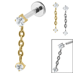 view all Titanium Internally Threaded Labrets 1.2mm - Titanium Claw Set Double Jewelled Chain Drop body jewellery