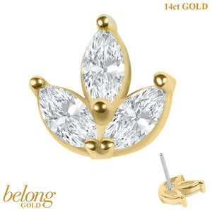 belong 14ct Solid Gold Threadless (Bend fit) Claw Set 3 Jewel Marquise Ivy Leaf