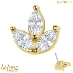 belong 14ct Solid Gold Threadless (Bend fit) Claw Set 3 Jewel Marquise Ivy Leaf