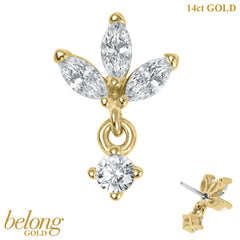 belong 14ct Solid Gold Threadless (Bend fit) Claw Set CZ Carina Marquise Drop Fan