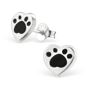 Sterling Silver Cute Heart with Paw Print Ear Stud Earrings ES107