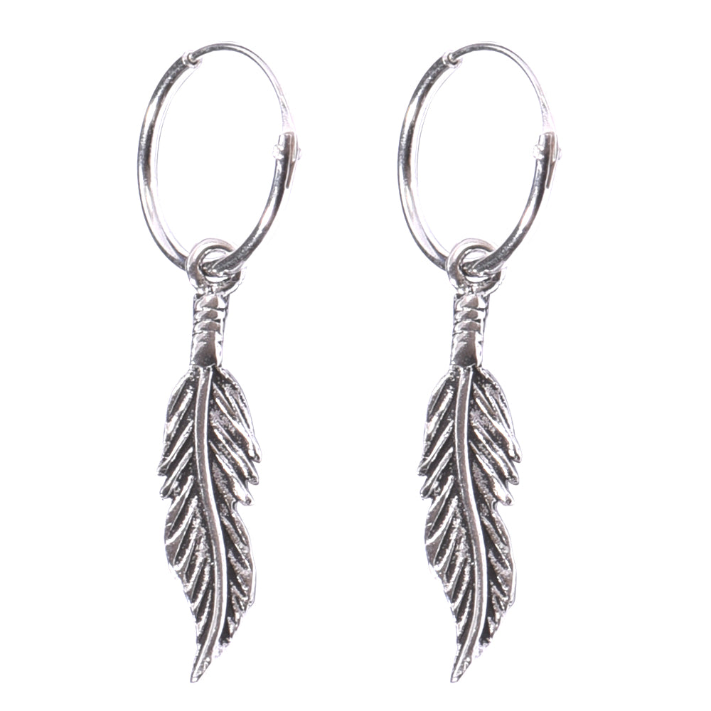 Sterling Silver Hoops Earrings with Drop Feather H142