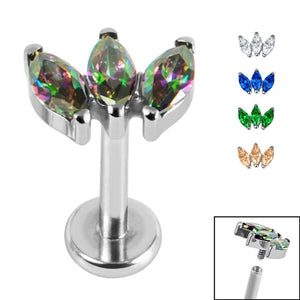 Titanium Internally Threaded Labrets 1.2mm - Titanium Claw Set 3 CZ Jewel Marquise Fan