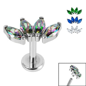 Titanium Internally Threaded Labrets 1.2mm - Titanium Claw Set 4 CZ Jewel Marquise Fan