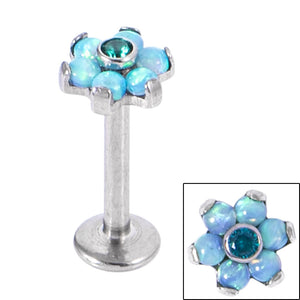 Titanium Internally Threaded Labrets 1.2mm - Titanium Claw Set CZ Jewelled and 6 Point Synth Opal Flower
