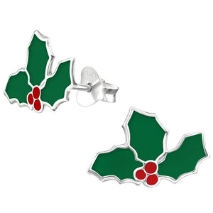Sterling Silver Christmas Holly Ear Stud Earrings ES36