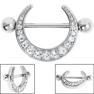 Steel Jewelled Crescent Moon Nipple Shield with Steel Bar